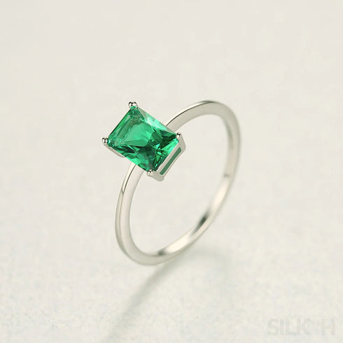Rectangular Cut Sterling Silver Emerald Ring Athena